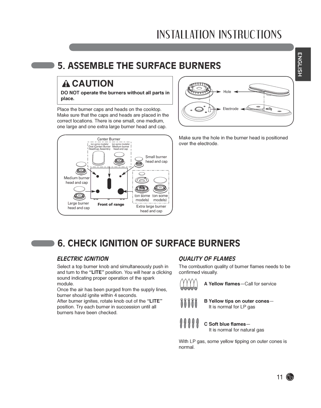 LG Electronics LDG3011ST, LDG3019ST Assemble the Surface Burners, Check Ignition of Surface Burners, Electric Ignition 