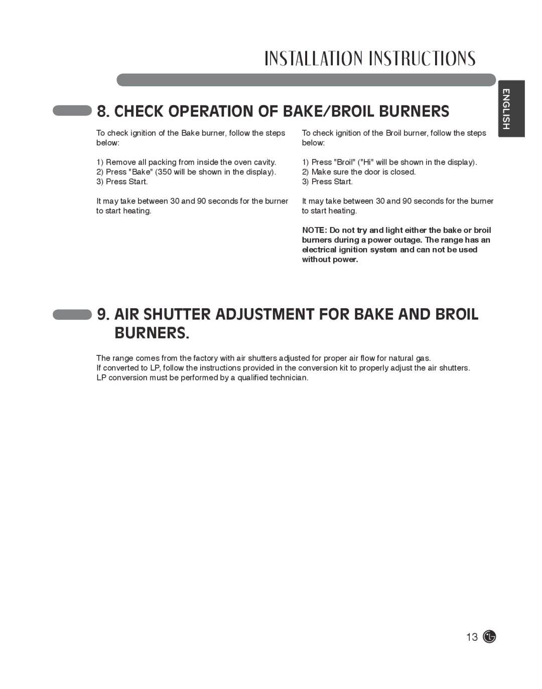 LG Electronics LDG3016ST Check Operation of BAKE/BROIL Burners, AIR Shutter Adjustment for Bake and Broil Burners 