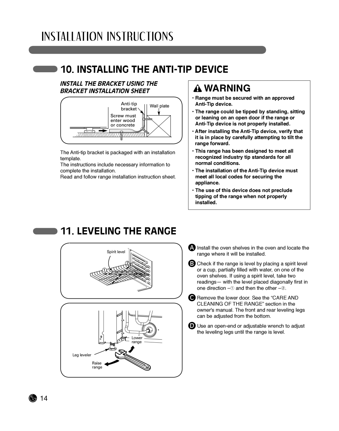 LG Electronics LDG3015ST, LDG3019ST, LDG3016ST, LDG3011ST Installing the ANTI-TIP Device, Leveling the Range 