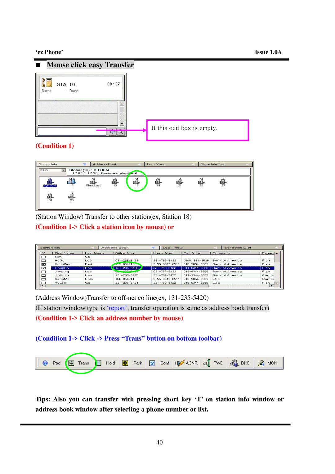 LG Electronics LDK manual „ Mouse click easy Transfer, Condition 1- Click a station icon by mouse or 