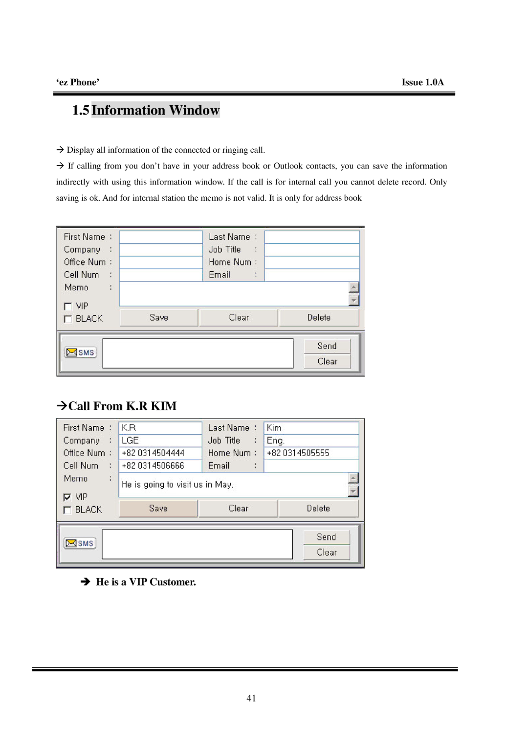 LG Electronics LDK manual Information Window, ÆCall From K.R KIM, He is a VIP Customer 