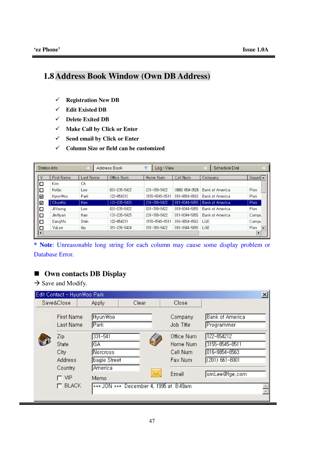 LG Electronics LDK manual Address Book Window Own DB Address, „ Own contacts DB Display 