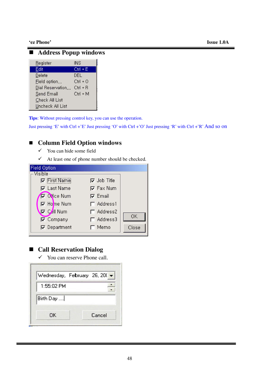 LG Electronics LDK manual „ Address Popup windows, „ Column Field Option windows, „ Call Reservation Dialog 