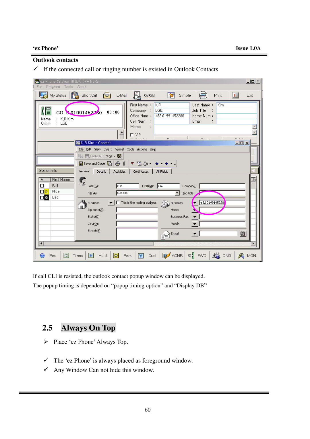 LG Electronics LDK manual Always On Top, Outlook contacts 