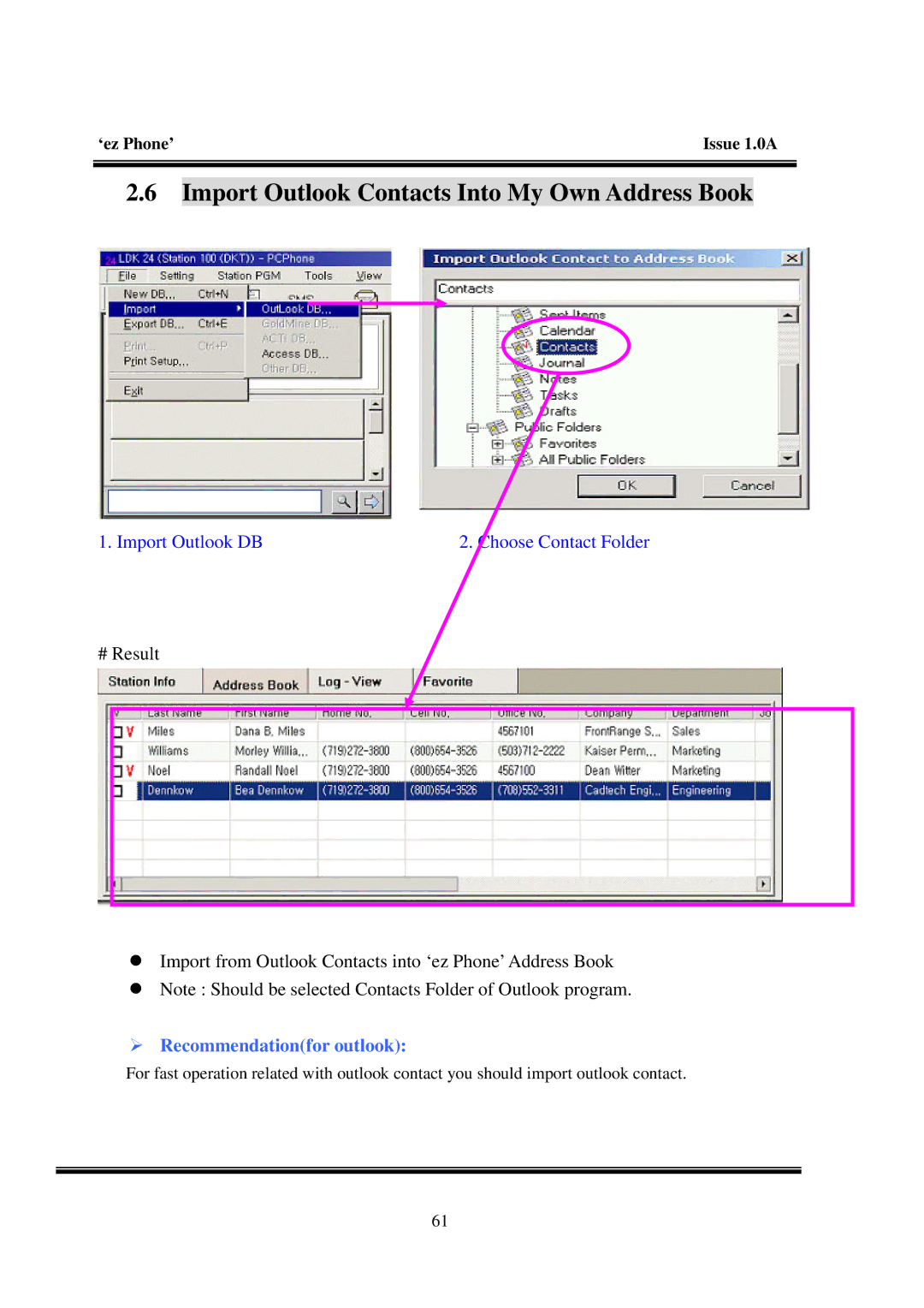 LG Electronics LDK manual Import Outlook Contacts Into My Own Address Book, ¾ Recommendationfor outlook 