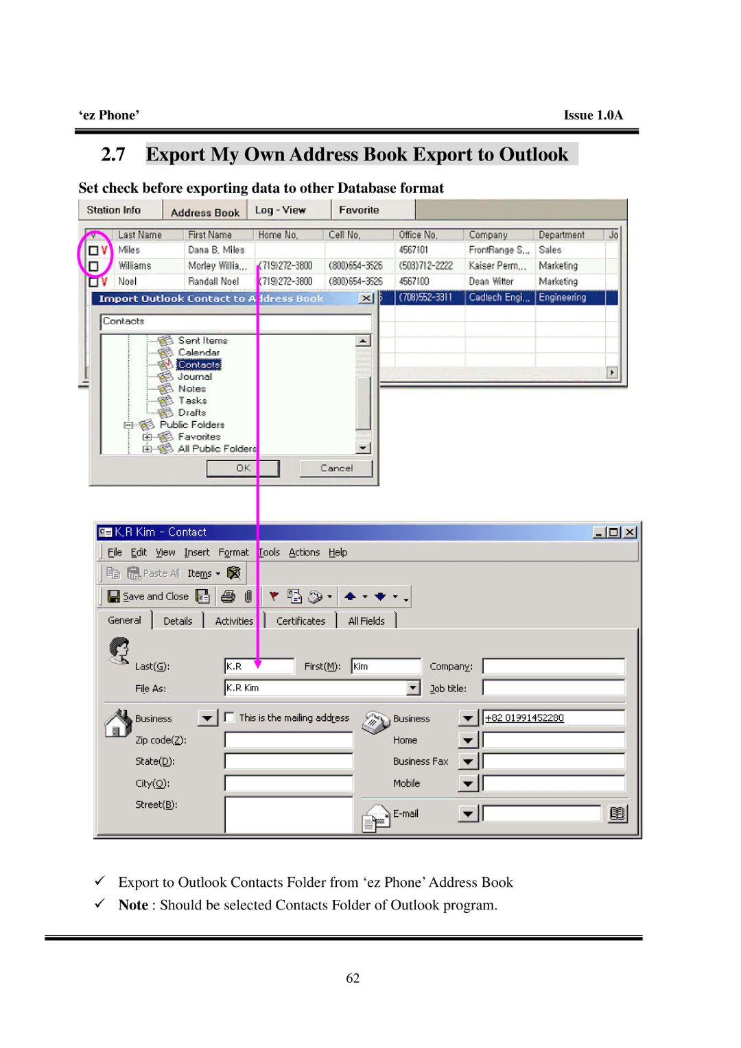 LG Electronics LDK Export My Own Address Book Export to Outlook, Set check before exporting data to other Database format 