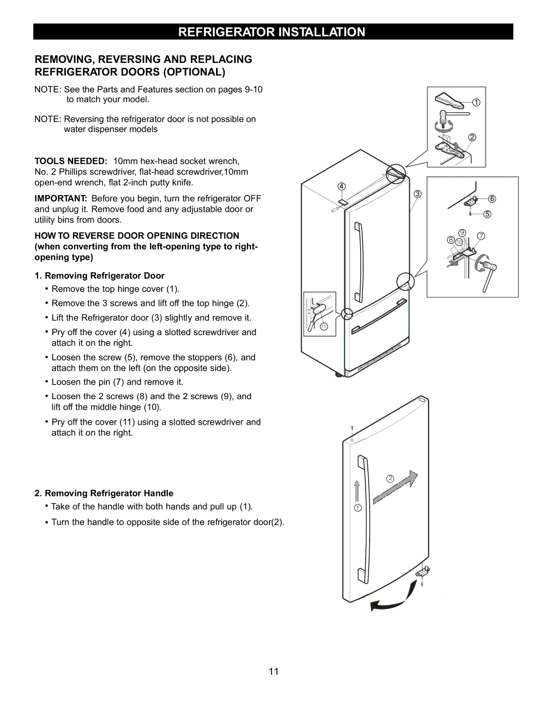 LG Electronics LBC2251, LDN2273, LBN2251 manual Removing Refrigerator Handle 