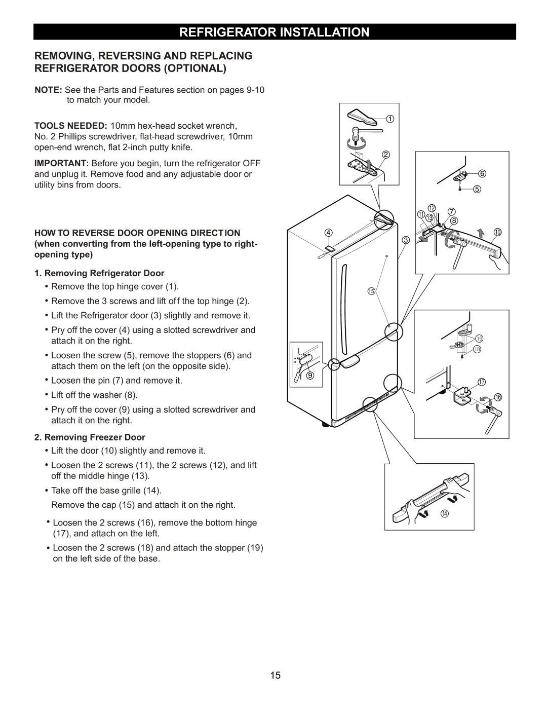 LG Electronics LDN2273, LBN2251, LBC2251 manual HOW to Reverse Door Opening Direction, Removing Freezer Door 