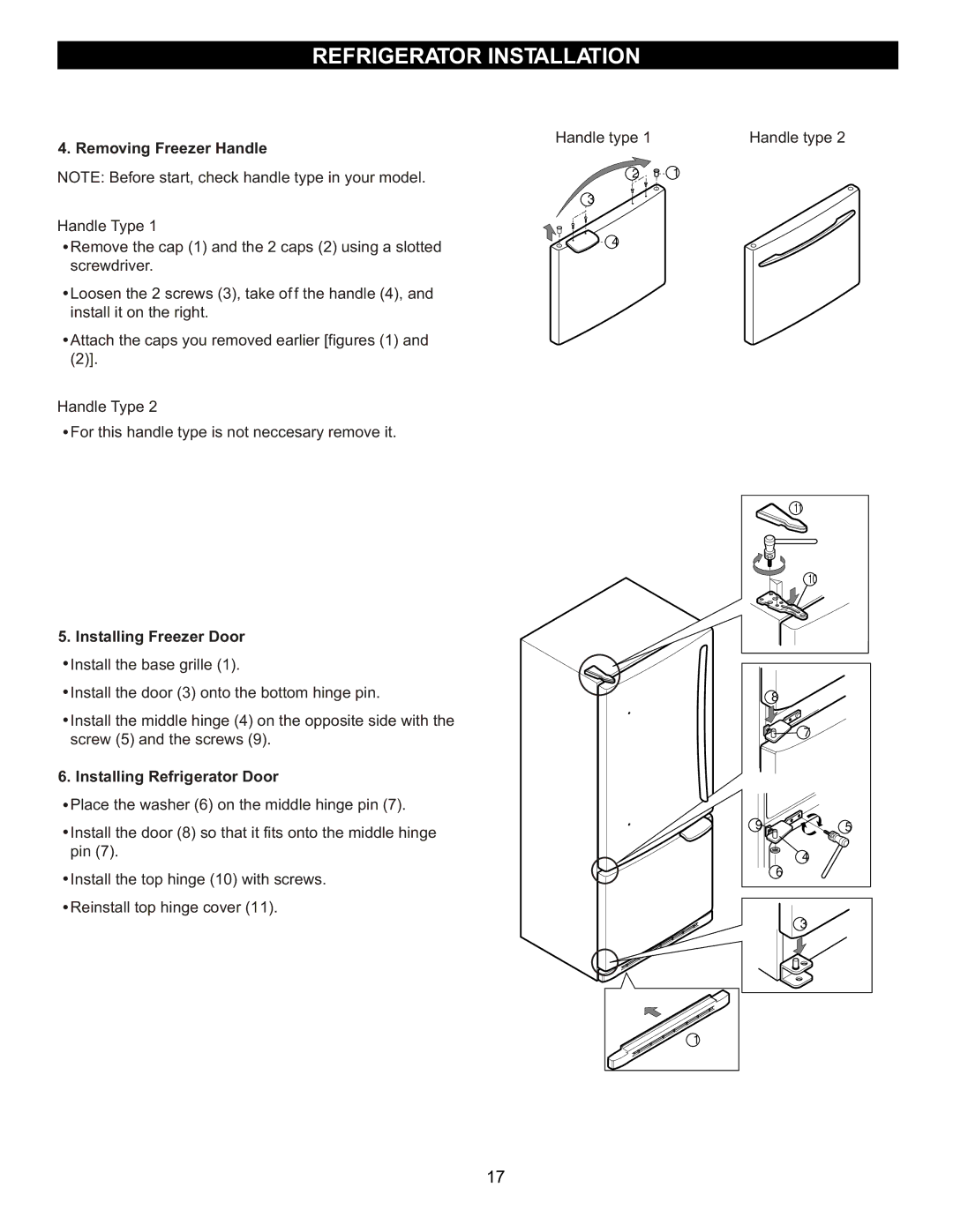 LG Electronics LBC2251, LDN2273, LBN2251 Removing Freezer Handle, Installing Freezer Door, Installing Refrigerator Door 