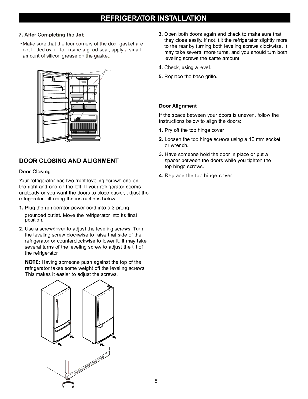 LG Electronics LDN2273, LBN2251, LBC2251 manual Door Closing and Alignment, After Completing the Job, Door Alignment 