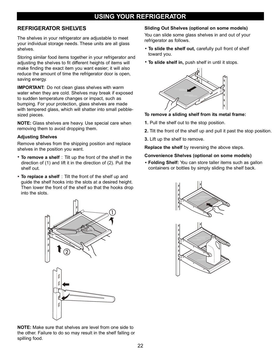 LG Electronics LBN2251, LDN2273 manual Refrigerator Shelves, Adjusting Shelves, Sliding Out Shelves optional on some models 