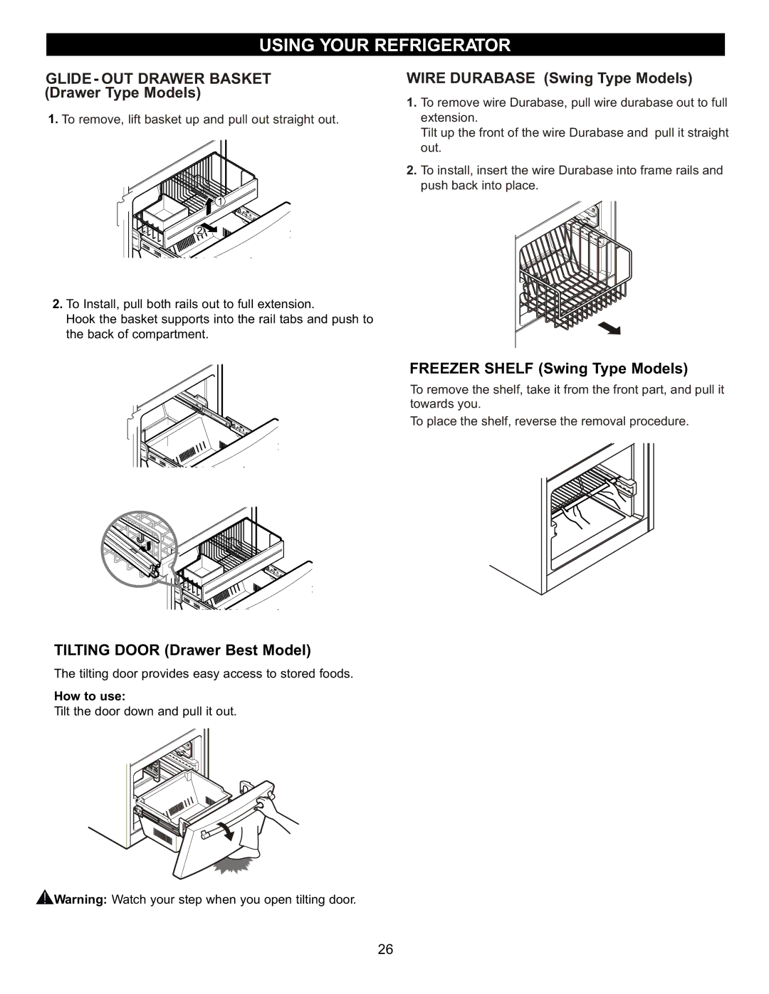 LG Electronics LBC2251, LDN2273, LBN2251 manual Freezer Shelf Swing Type Models, Tilting Door Drawer Best Model, How to use 