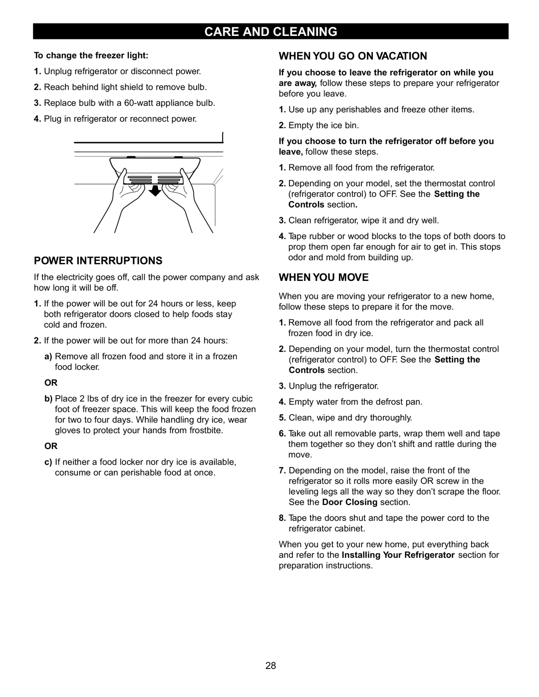 LG Electronics LBN2251, LDN2273 Power Interruptions, When YOU GO on Vacation, When YOU Move, To change the freezer light 