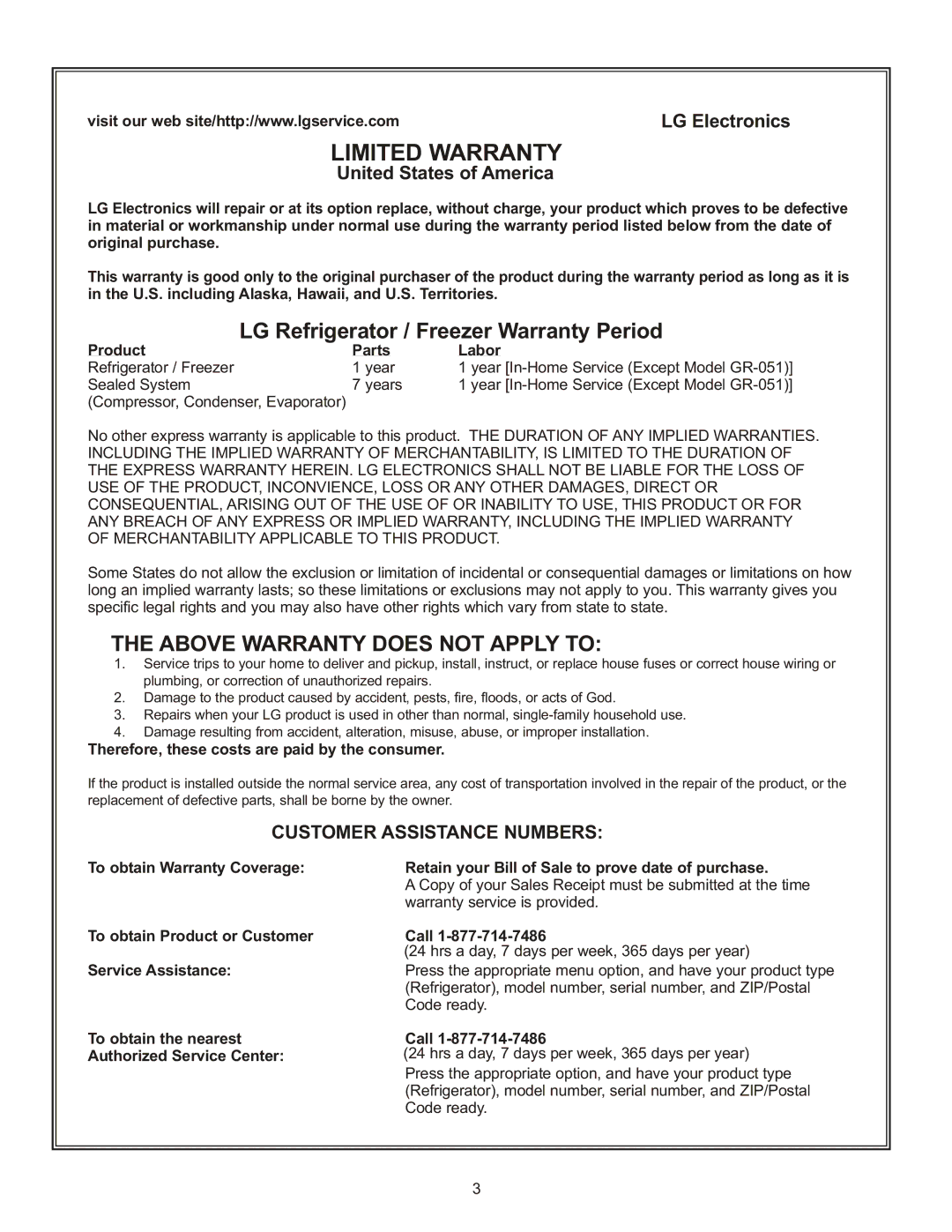 LG Electronics LDN2273, LBN2251, LBC2251 manual Product Parts Labor, Therefore, these costs are paid by the consumer 