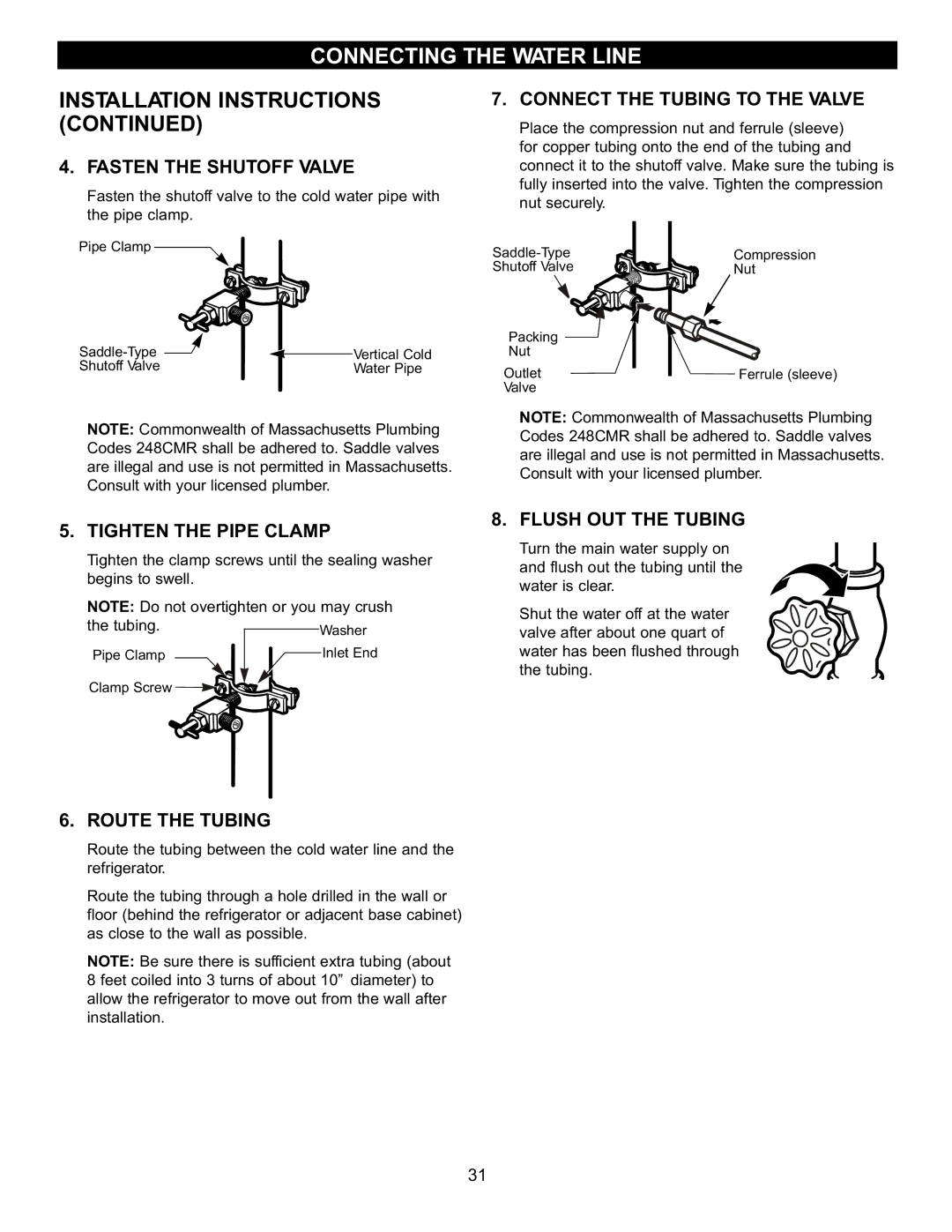 LG Electronics LBN2251 Fasten the Shutoff Valve, Connect the Tubing to the Valve, Tighten the Pipe Clamp, Route the Tubing 