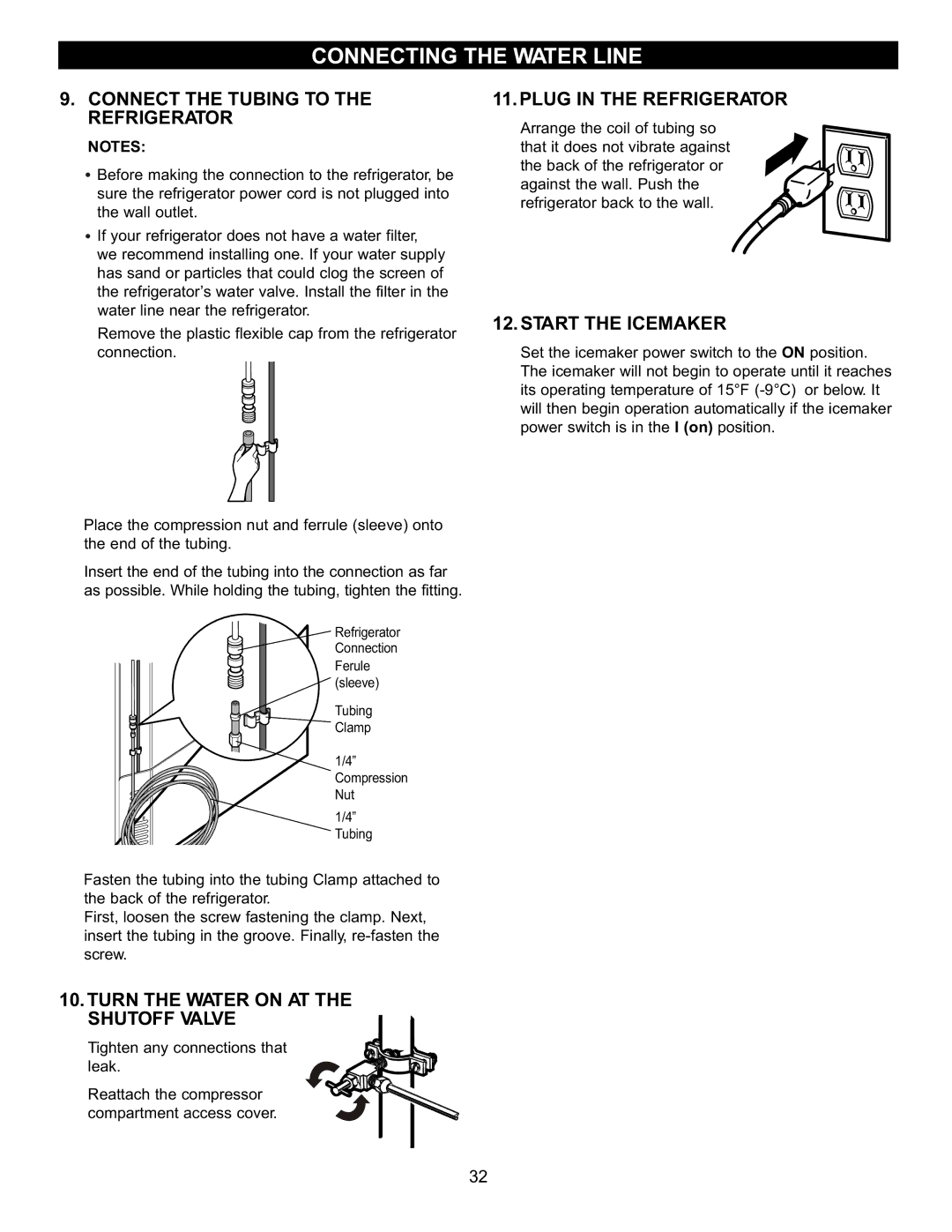 LG Electronics LBC2251 Connect the Tubing to the Refrigerator, Turn the Water on AT the Shutoff Valve, Start the Icemaker 