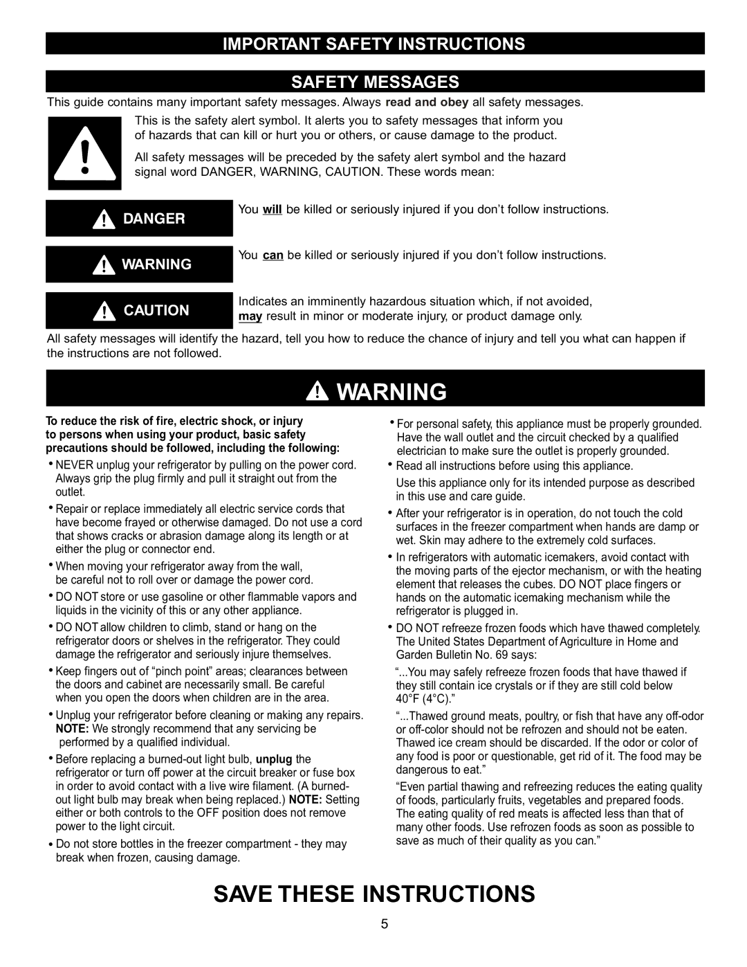 LG Electronics LBC2251, LDN2273, LBN2251 manual Important Safety Instructions Safety Messages 