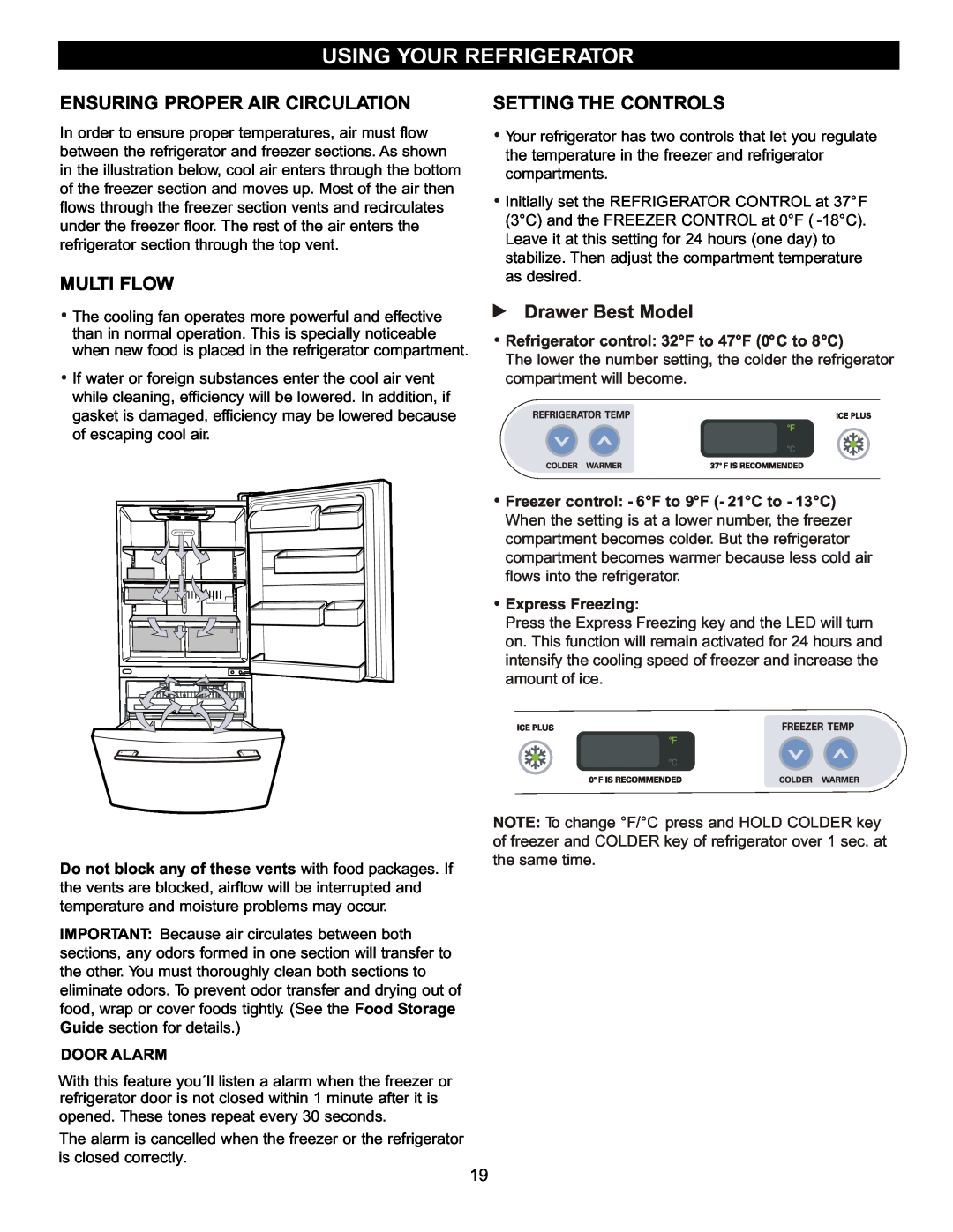 LG Electronics LBN2251 Using Your Refrigerator, Ensuring Proper Air Circulation, Multi Flow, Drawer Best Model, Door Alarm 