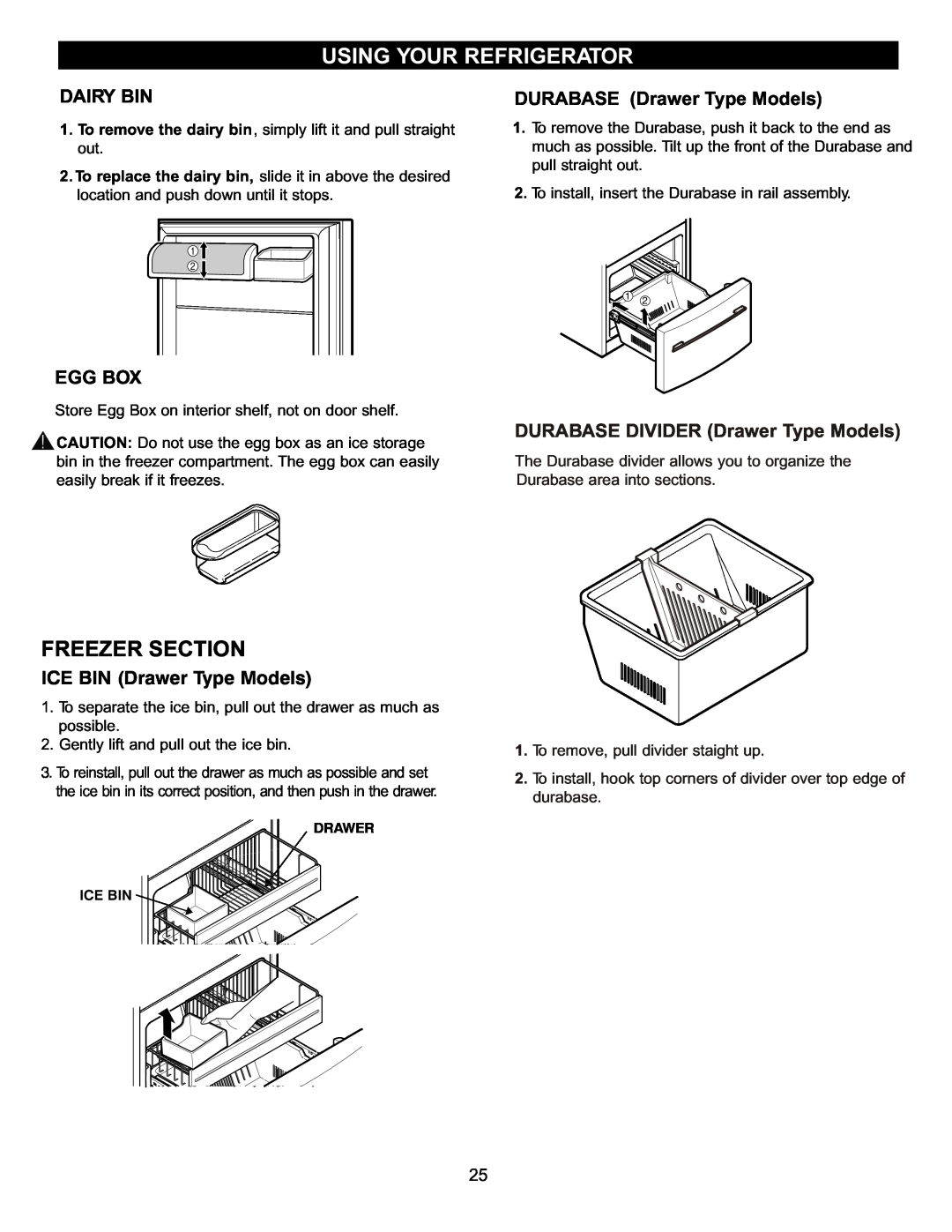 LG Electronics LBN2251 manual Freezer Section, Dairy Bin, DURABASE Drawer Type Models, Egg Box, ICE BIN Drawer Type Models 
