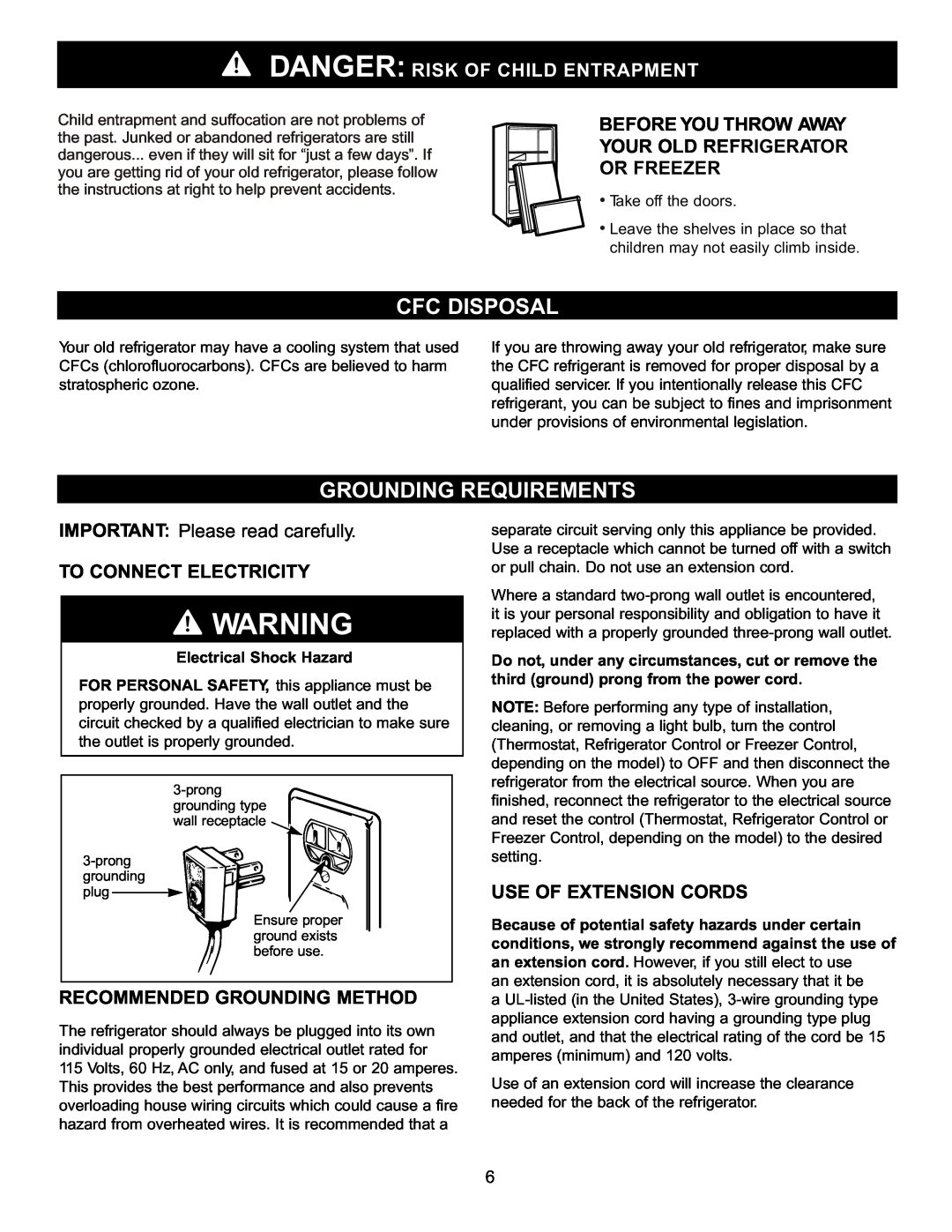 LG Electronics LDN2273 Cfc Disposal, Grounding Requirements, Danger: Risk Of Child Entrapment, To Connect Electricity 