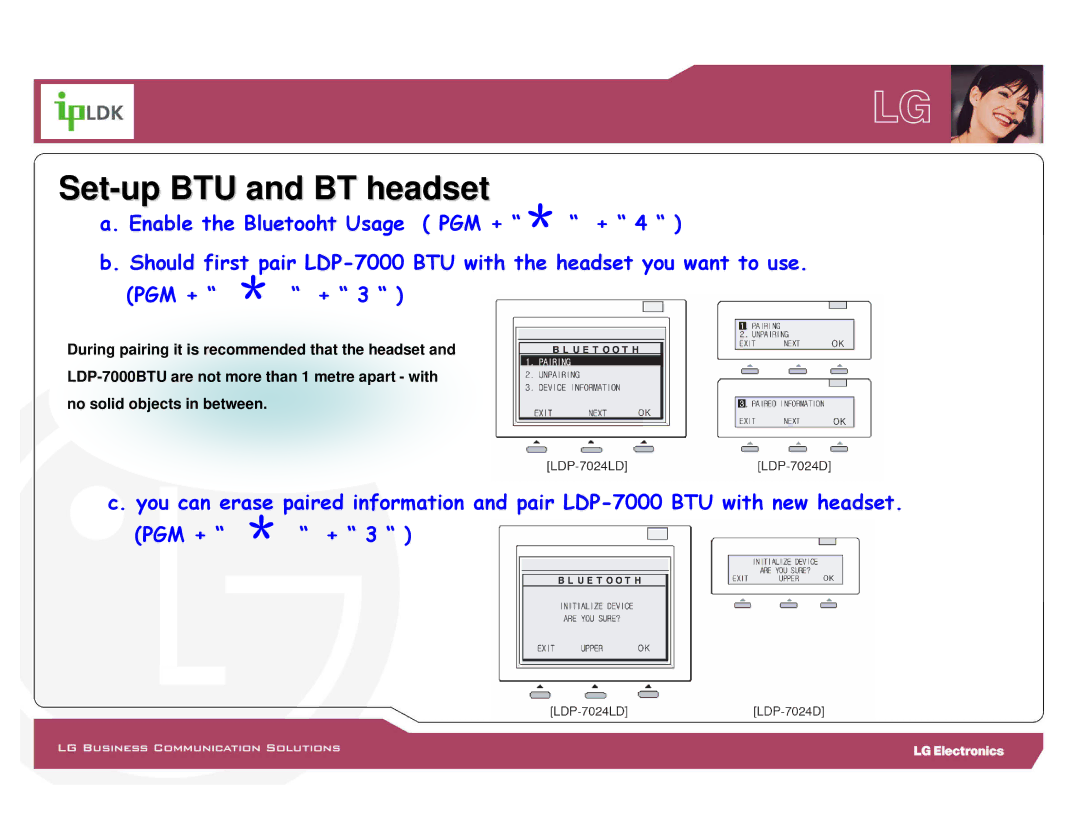 LG Electronics LDP-7000 manual Set-up BTU and BT headset 