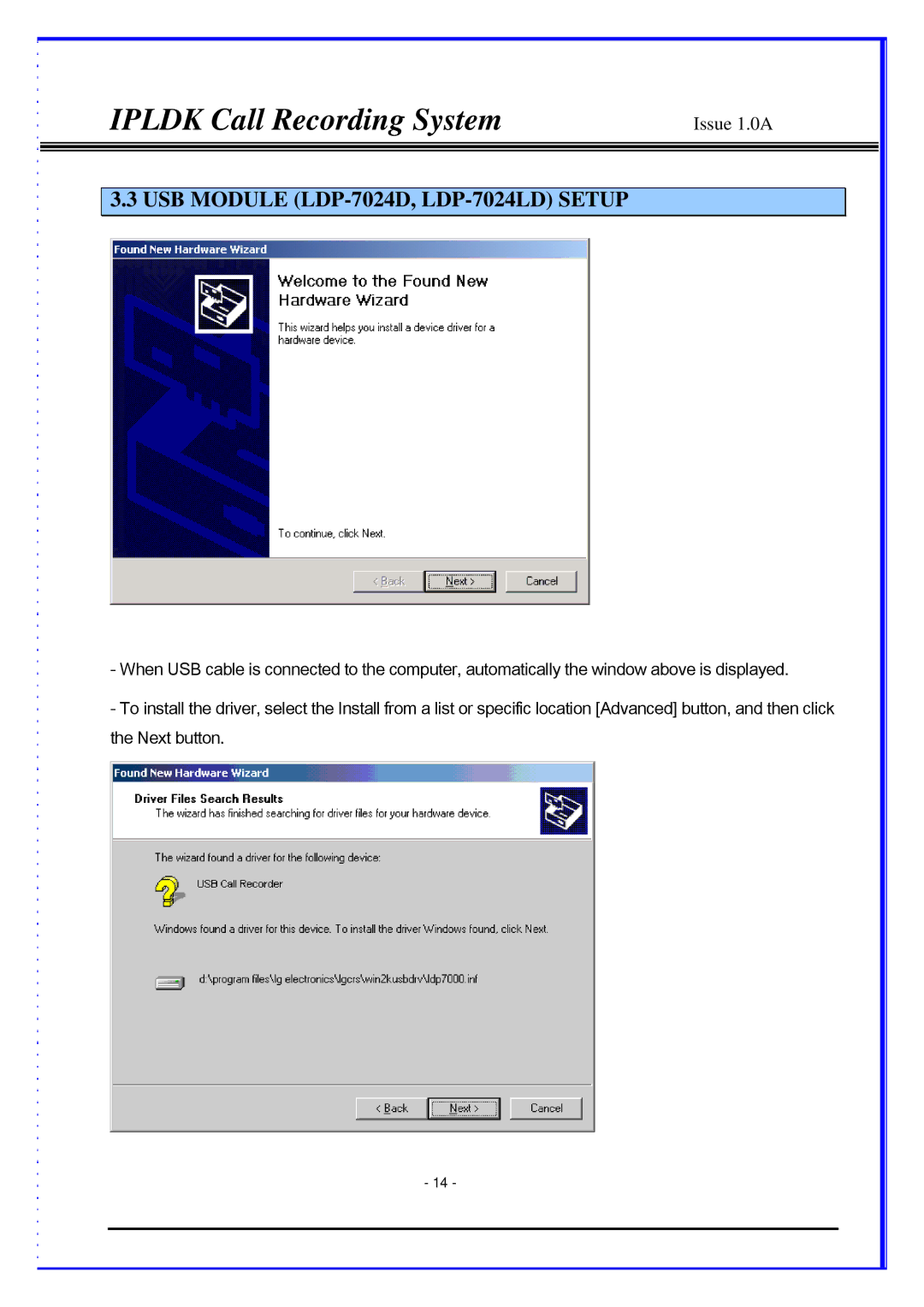 LG Electronics IPLDK CRS manual USB Module LDP-7024D, LDP-7024LD Setup 