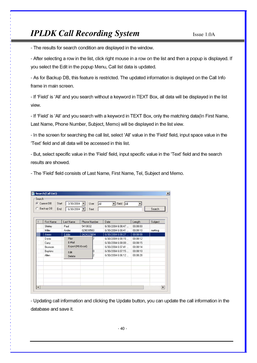 LG Electronics LDP-7024LD, LDP-7024D, IPLDK CRS manual Ipldk Call Recording System 