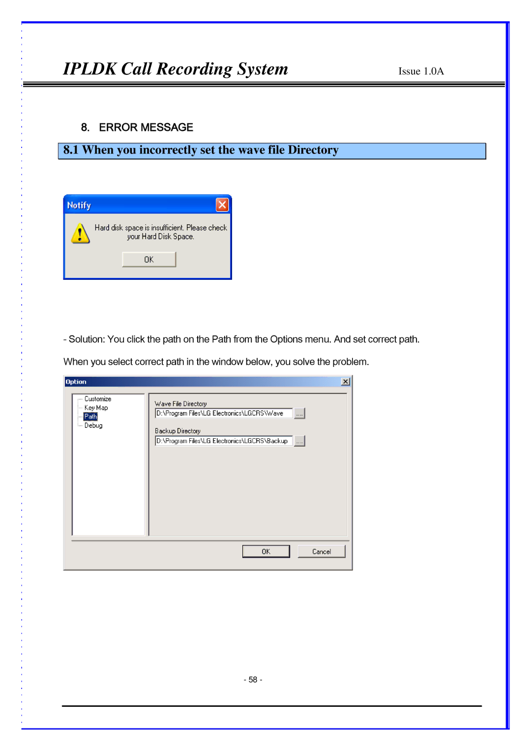 LG Electronics LDP-7024LD, LDP-7024D, IPLDK CRS manual When you incorrectly set the wave file Directory 