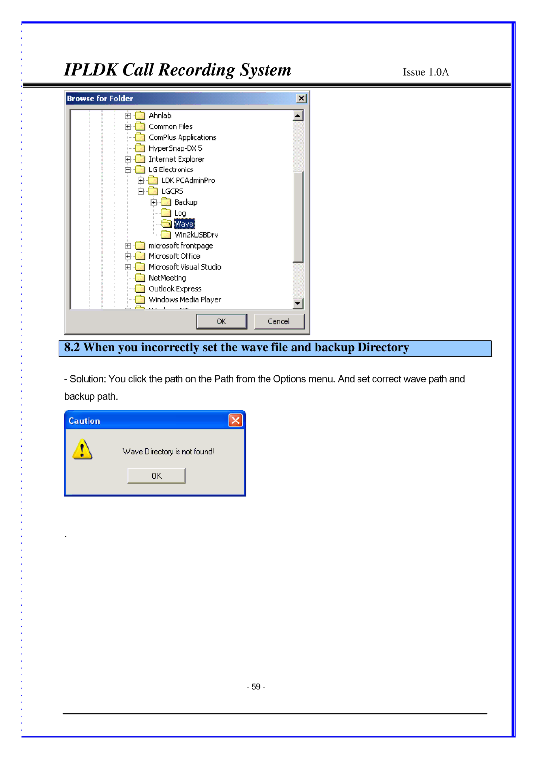 LG Electronics IPLDK CRS, LDP-7024D, LDP-7024LD manual When you incorrectly set the wave file and backup Directory 