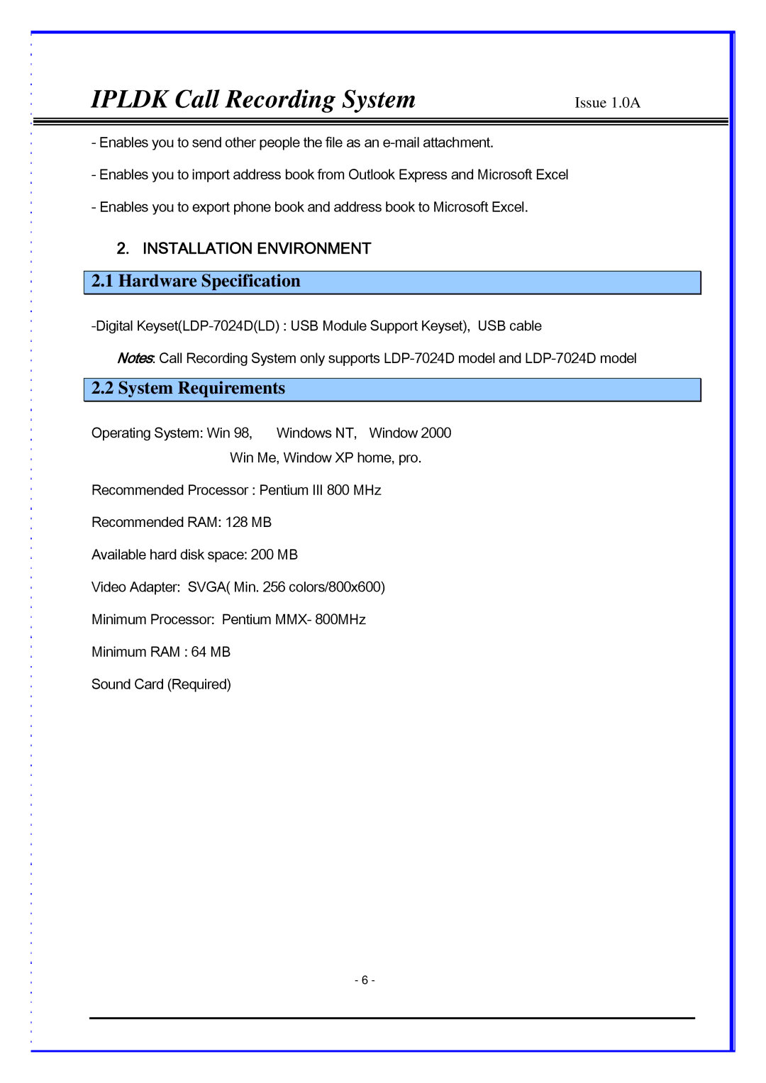 LG Electronics LDP-7024D, LDP-7024LD, IPLDK CRS manual Hardware Specification, System Requirements 