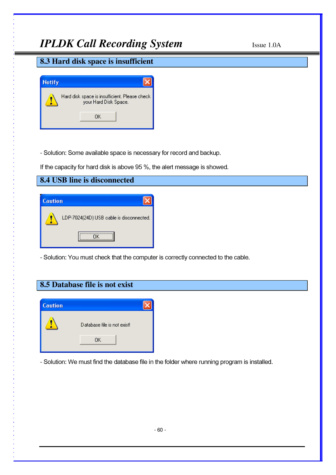 LG Electronics LDP-7024D, LDP-7024LD Hard disk space is insufficient, USB line is disconnected, Database file is not exist 