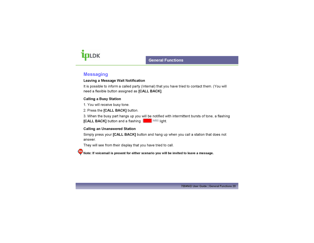 LG Electronics LDP7004N/D manual Messaging, Leaving a Message Wait Notification, Calling a Busy Station 