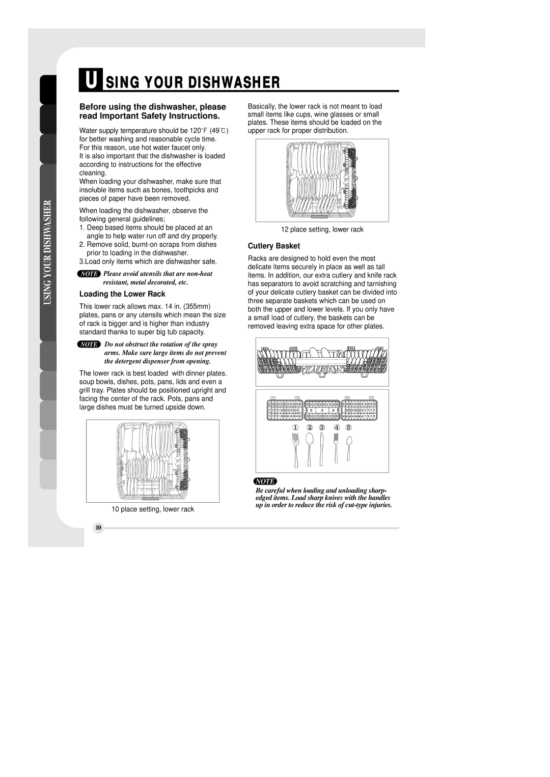 LG Electronics LDS 5811BB, LDS 5811ST, LDS 5811WW manual Sing Your Dishwasher, Loading the Lower Rack, Cutlery Basket 