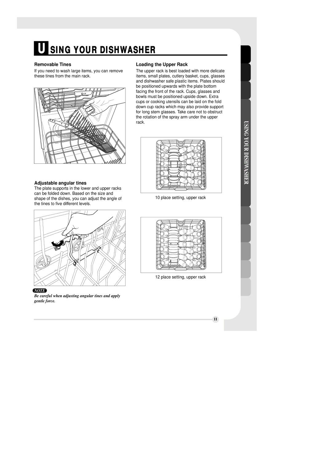 LG Electronics LDS 5811WW, LDS 5811ST, LDS 5811BB manual Removable Tines, Loading the Upper Rack, Adjustable angular tines 