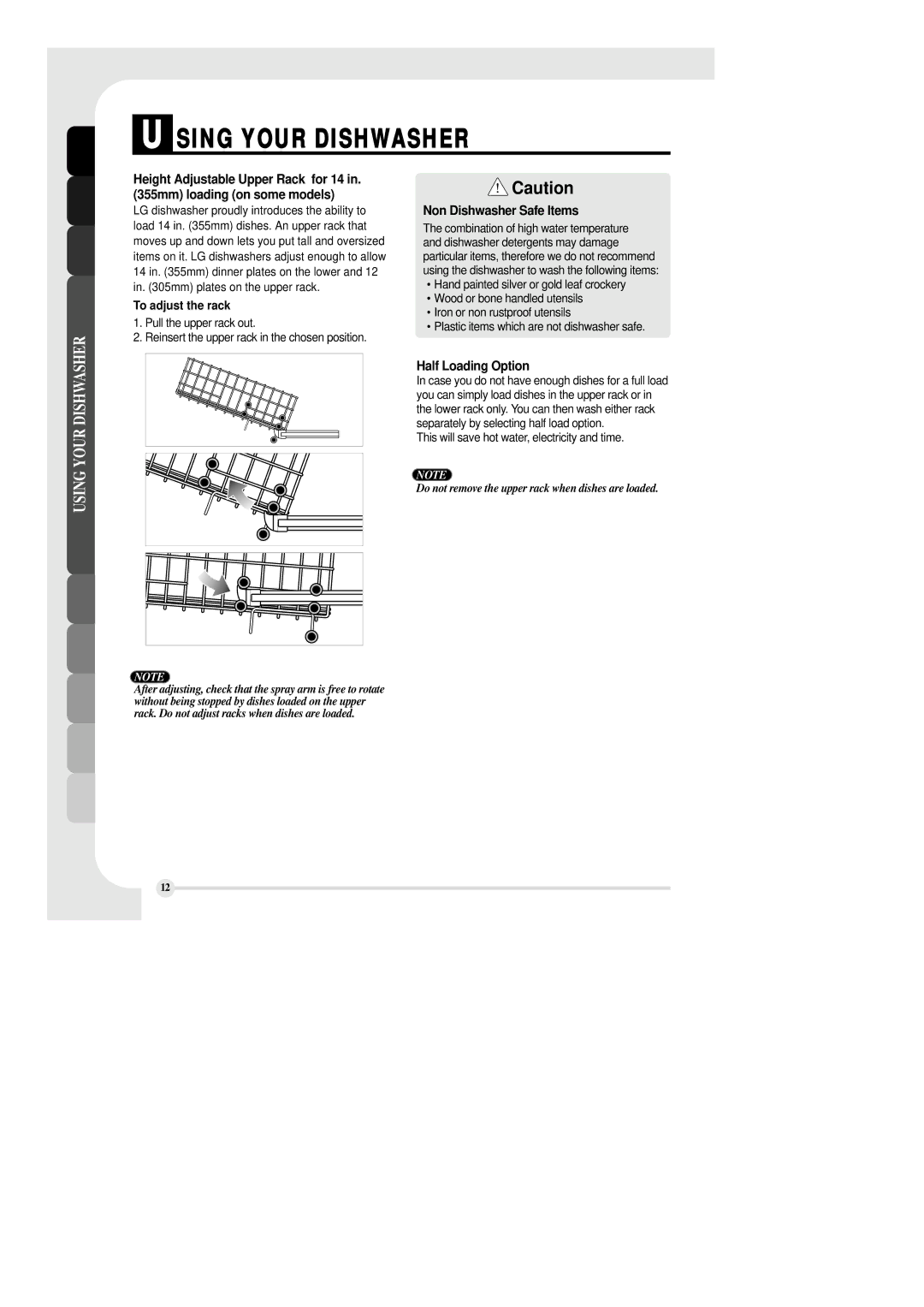 LG Electronics LDS 5811ST, LDS 5811BB, LDS 5811WW manual Non Dishwasher Safe Items, Half Loading Option 