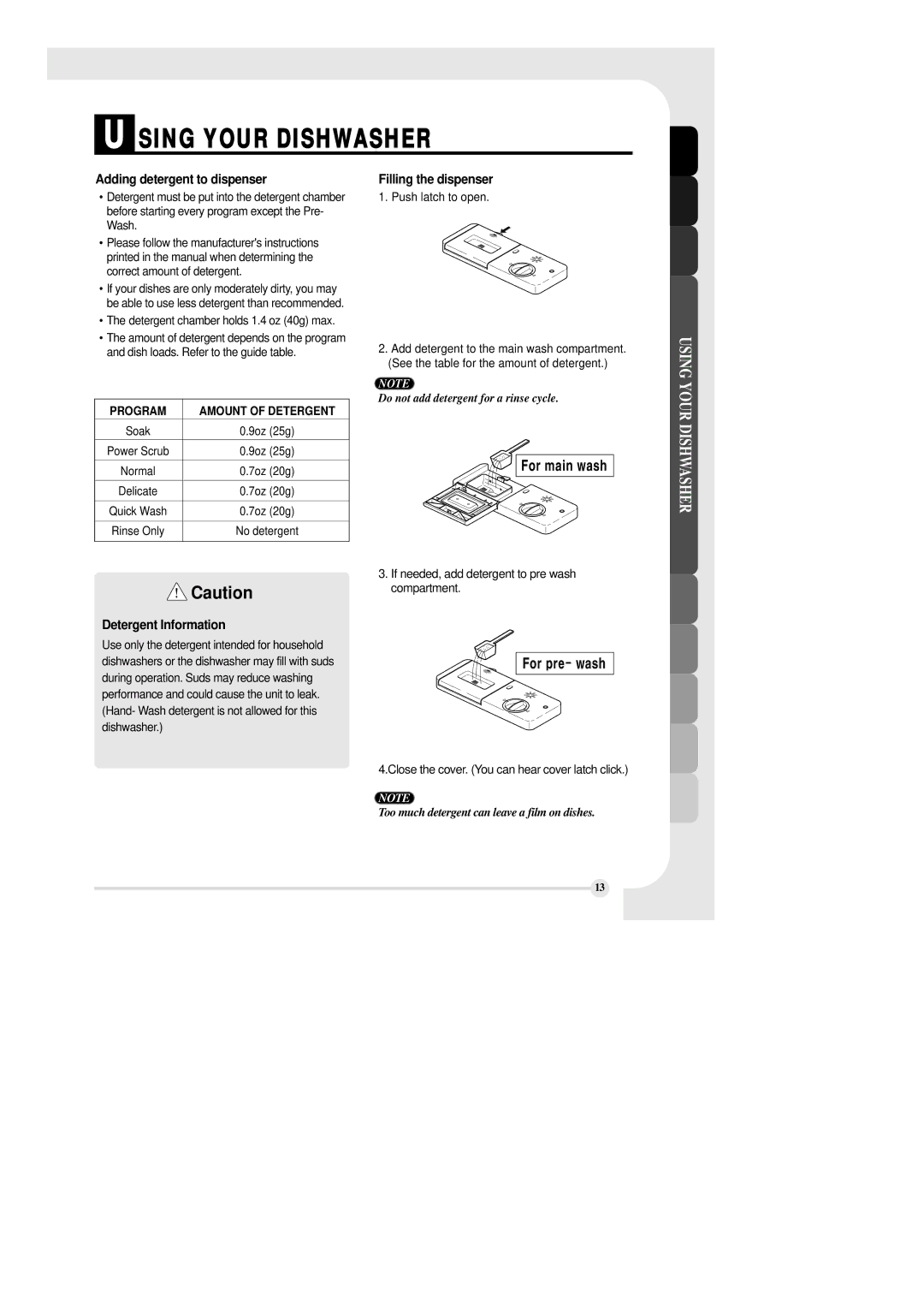 LG Electronics LDS 5811BB, LDS 5811ST manual Adding detergent to dispenser, Filling the dispenser, Detergent Information 