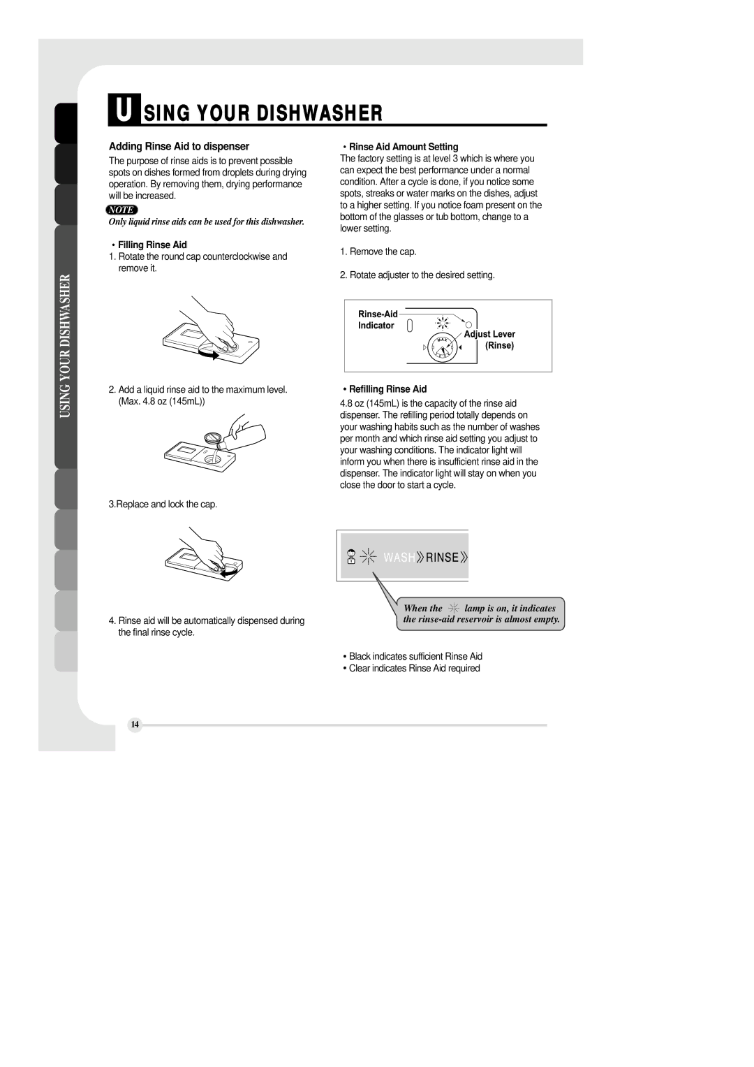 LG Electronics LDS 5811WW, LDS 5811ST, LDS 5811BB manual Adding Rinse Aid to dispenser, Filling Rinse Aid 