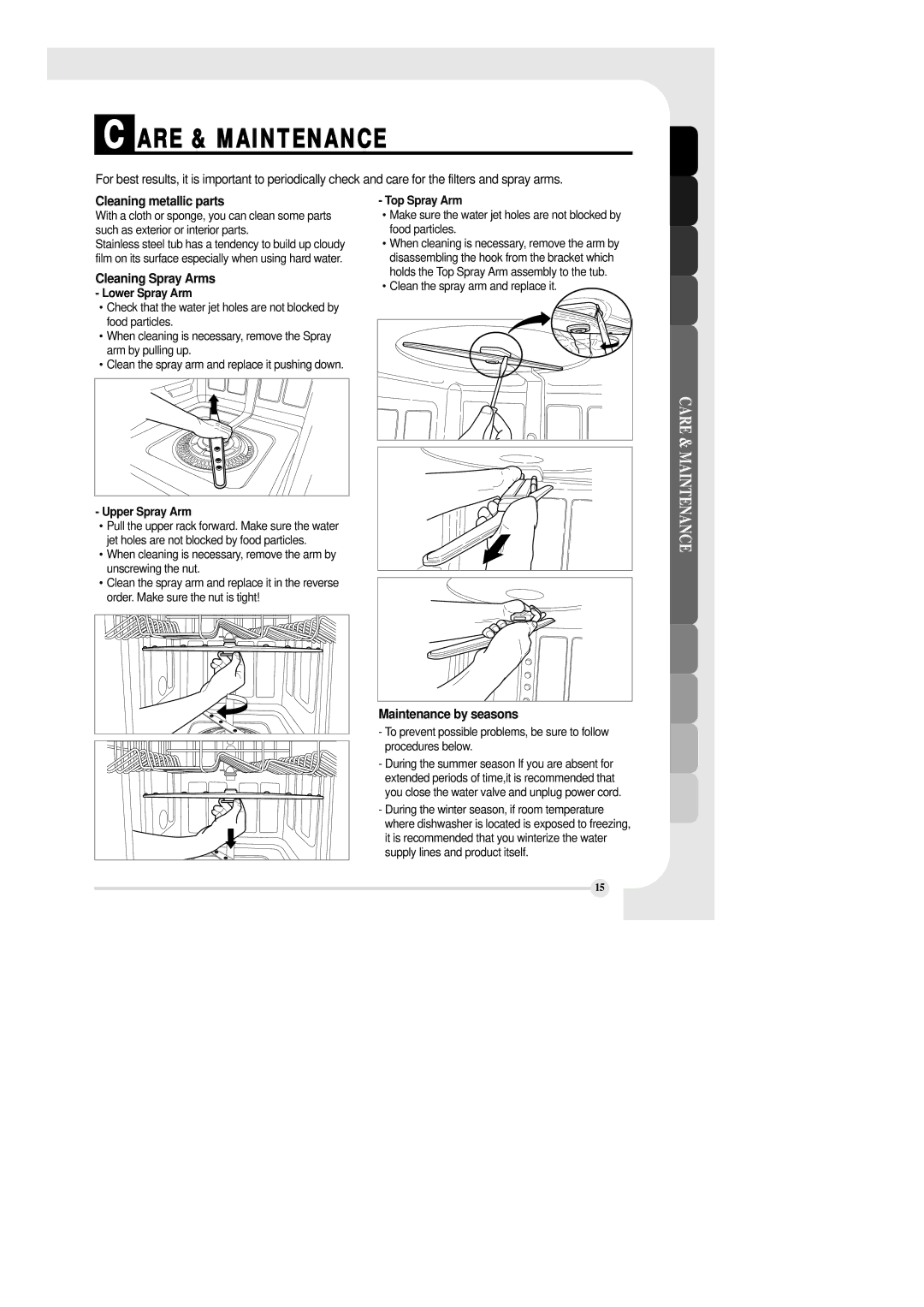 LG Electronics LDS 5811ST manual Are & Maintenance, Cleaning metallic parts, Cleaning Spray Arms, Maintenance by seasons 