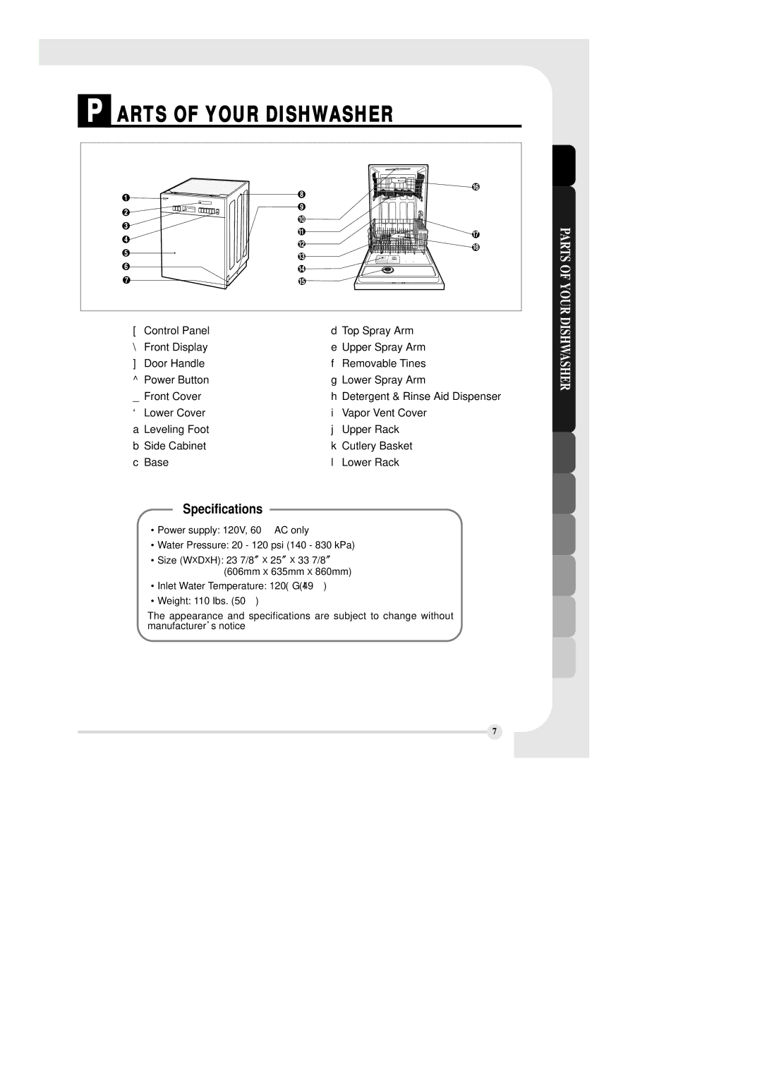 LG Electronics LDS 5811BB, LDS 5811ST, LDS 5811WW manual Arts of Your Dishwasher, Specifications 