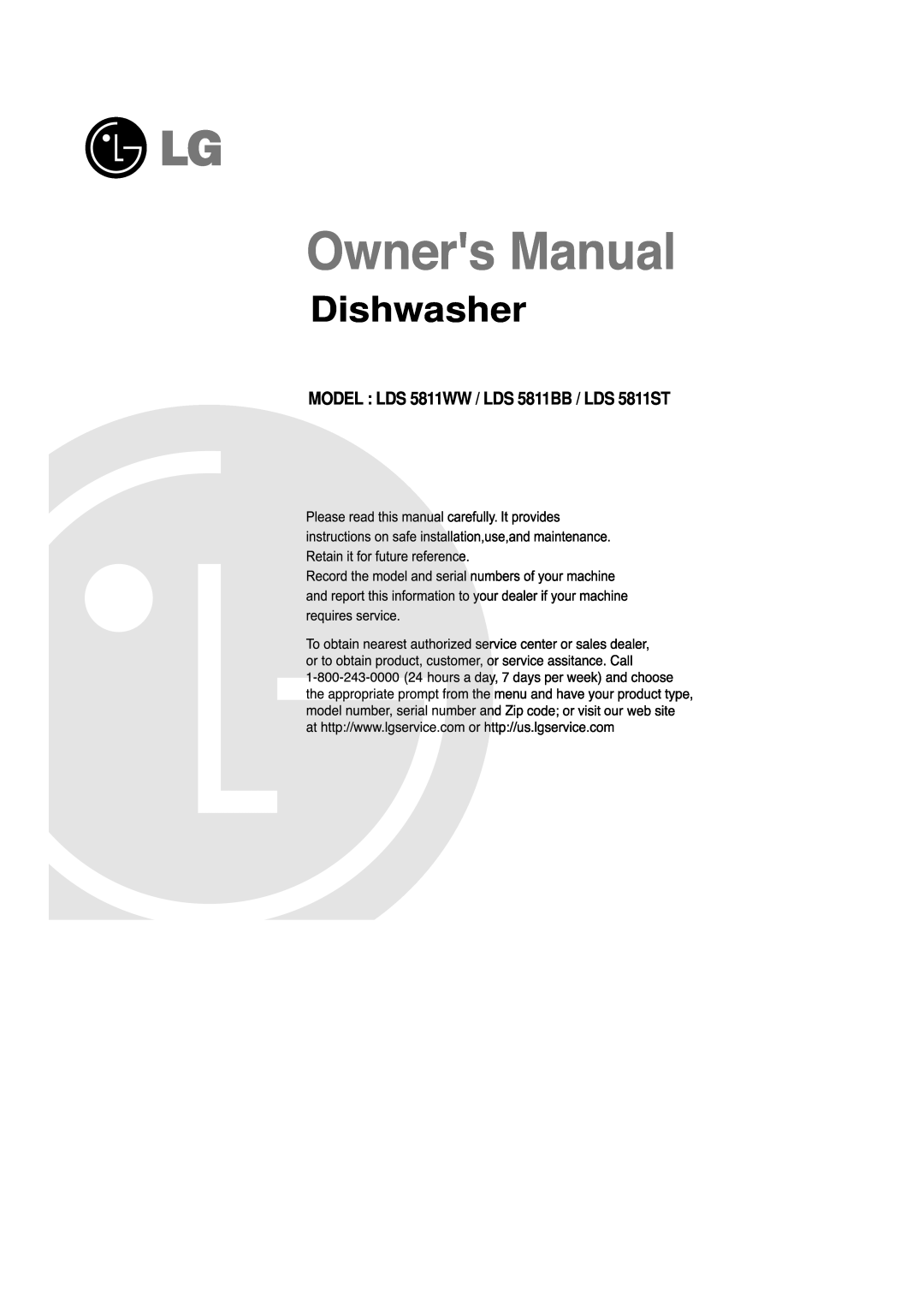 LG Electronics manual MODEL LDS 5811WW / LDS 5811BB / LDS 5811ST, Dishwasher 
