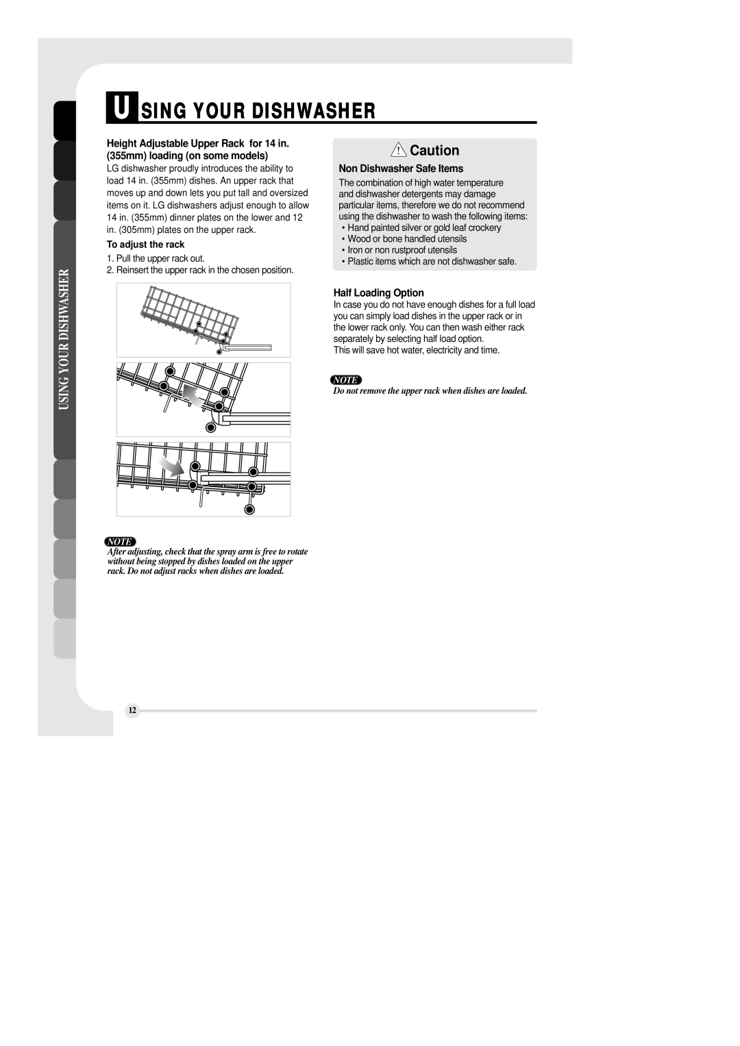 LG Electronics LDS 5811ST manual Non Dishwasher Safe Items, Half Loading Option, U Sing Your Dishwasher, To adjust the rack 