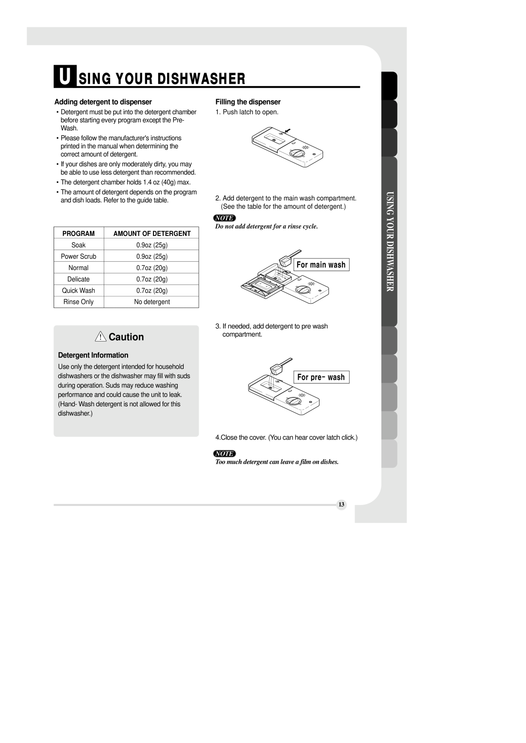 LG Electronics LDS 5811BB manual Adding detergent to dispenser, Filling the dispenser, Detergent Information, For main wash 