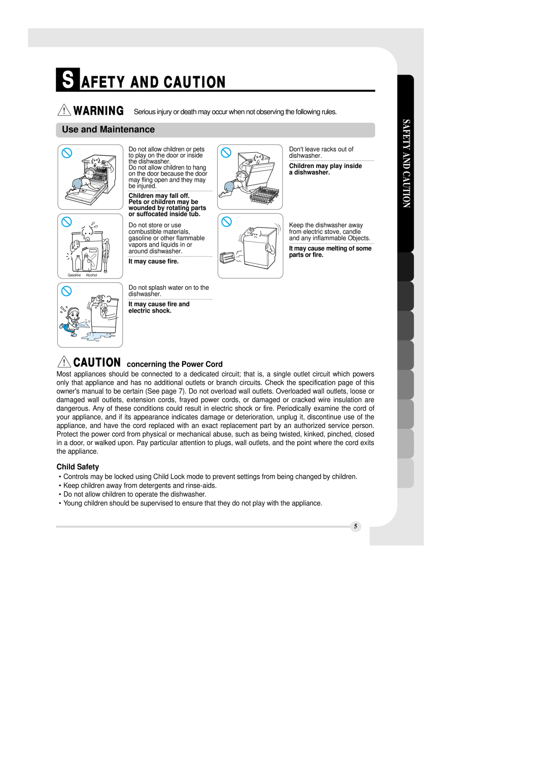 LG Electronics LDS 5811WW manual Use and Maintenance, CAUTION concerning the Power Cord, Child Safety, S Afety And Caution 