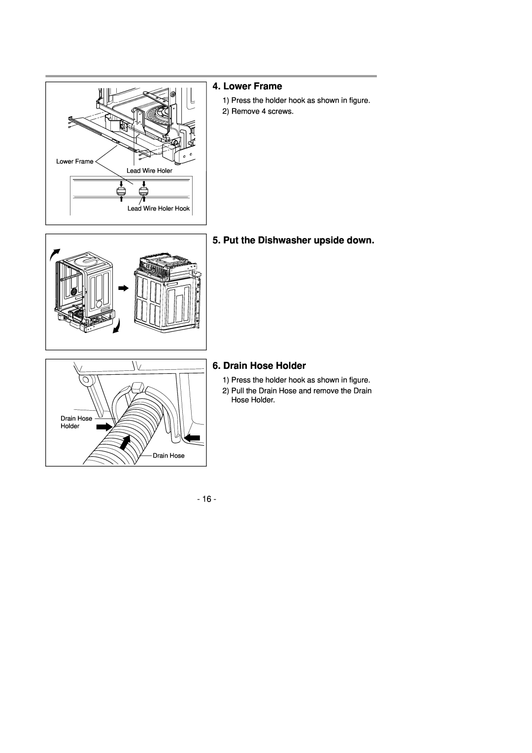 LG Electronics LDS4821(WW service manual Lower Frame, Put the Dishwasher upside down, Drain Hose Holder, 2Remove 4 screws 