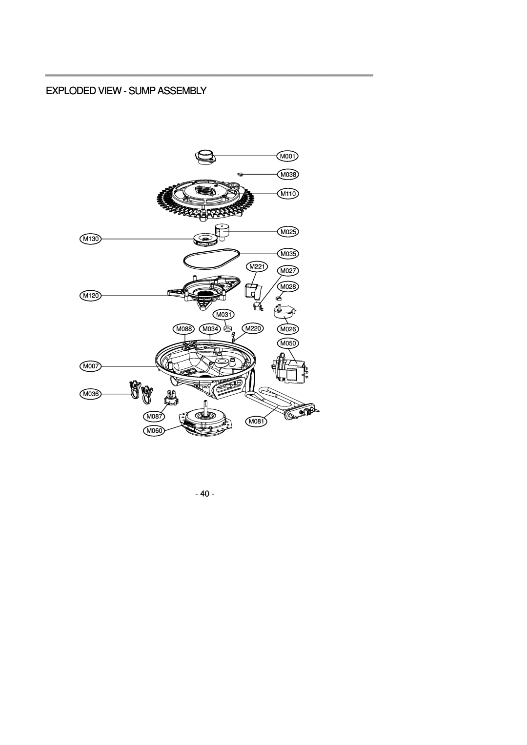 LG Electronics LDS4821(WW Exploded View - Sump Assembly, M130 M221 M120 M031 M088 M034 M220 M007 M036 M087, M081 M060 