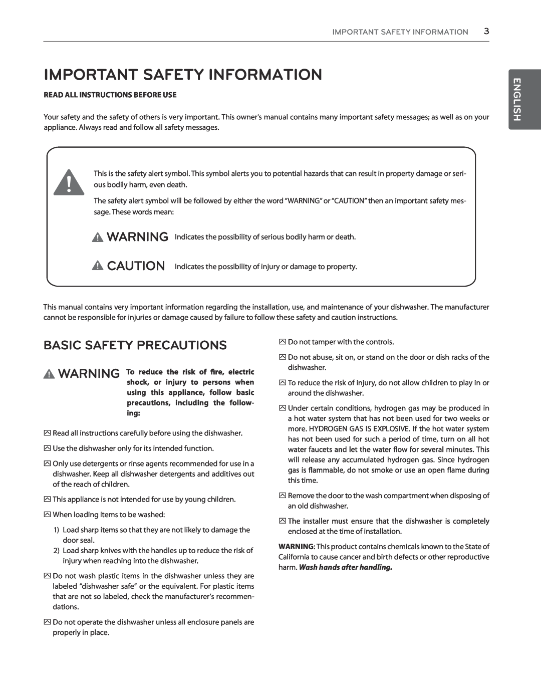 LG Electronics LDS5040WW Important Safety Information, Basic Safety Precautions, English, Read All Instructions Before Use 