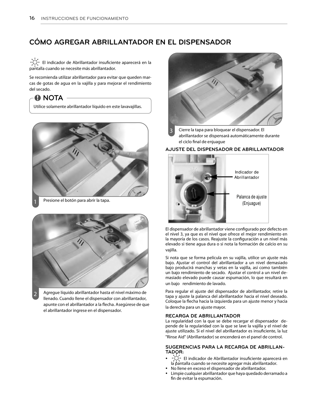 LG Electronics LDS5040WW Cómo Agregar Abrillantador En El Dispensador, Indicator, Nota, Recarga De Abrillantador 
