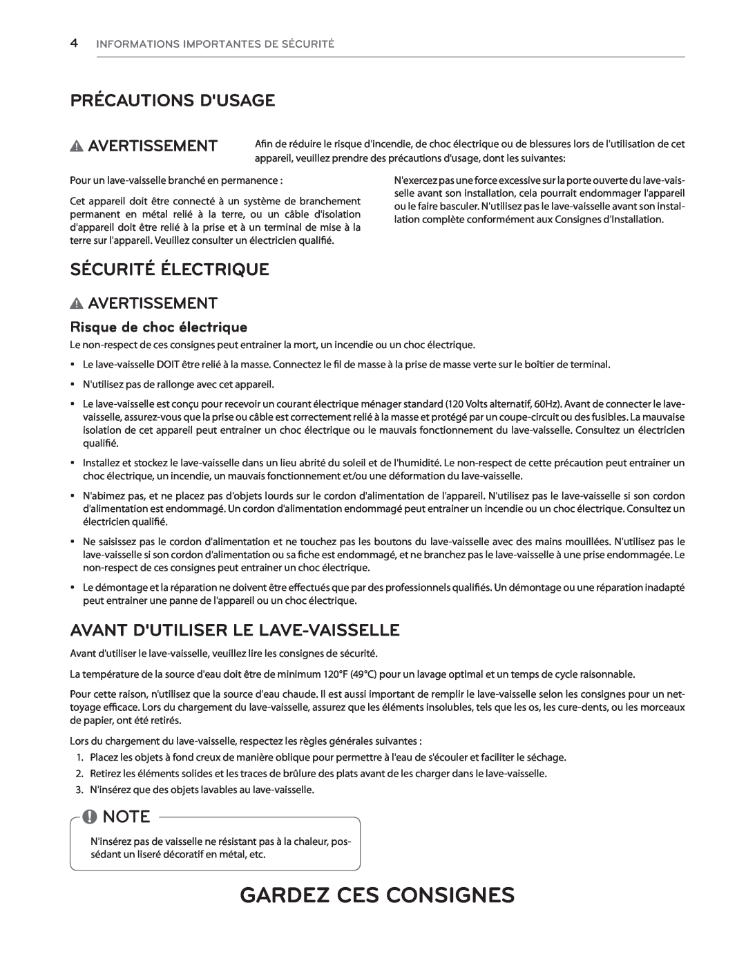 LG Electronics LDS5040ST Gardez Ces Consignes, Sécurité Électrique, Avant Dutiliser Le Lave-Vaisselle, Avertissement 