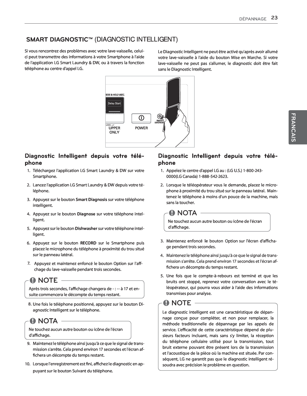 LG Electronics LDS5040WW Smart Diagnostic Diagnostic Intelligent, Diagnostic Intelligent depuis votre télé- phone, Nota 