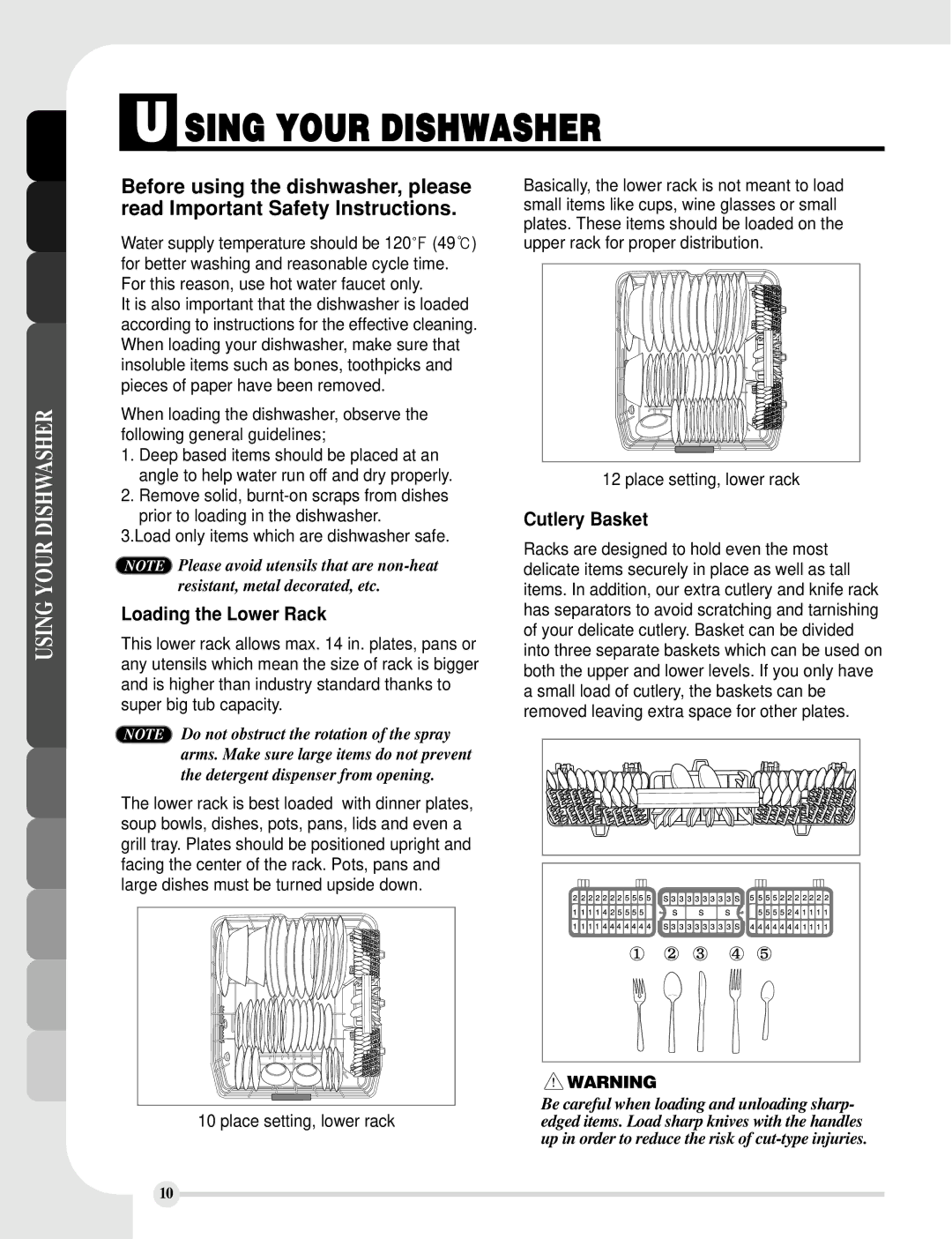 LG Electronics LDS5811ST, LDS5811WW Sing Your Dishwasher, Using Your Dishwasher, Loading the Lower Rack, Cutlery Basket 